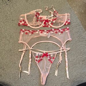Pink and Red Heart Embroidered Lingerie Set